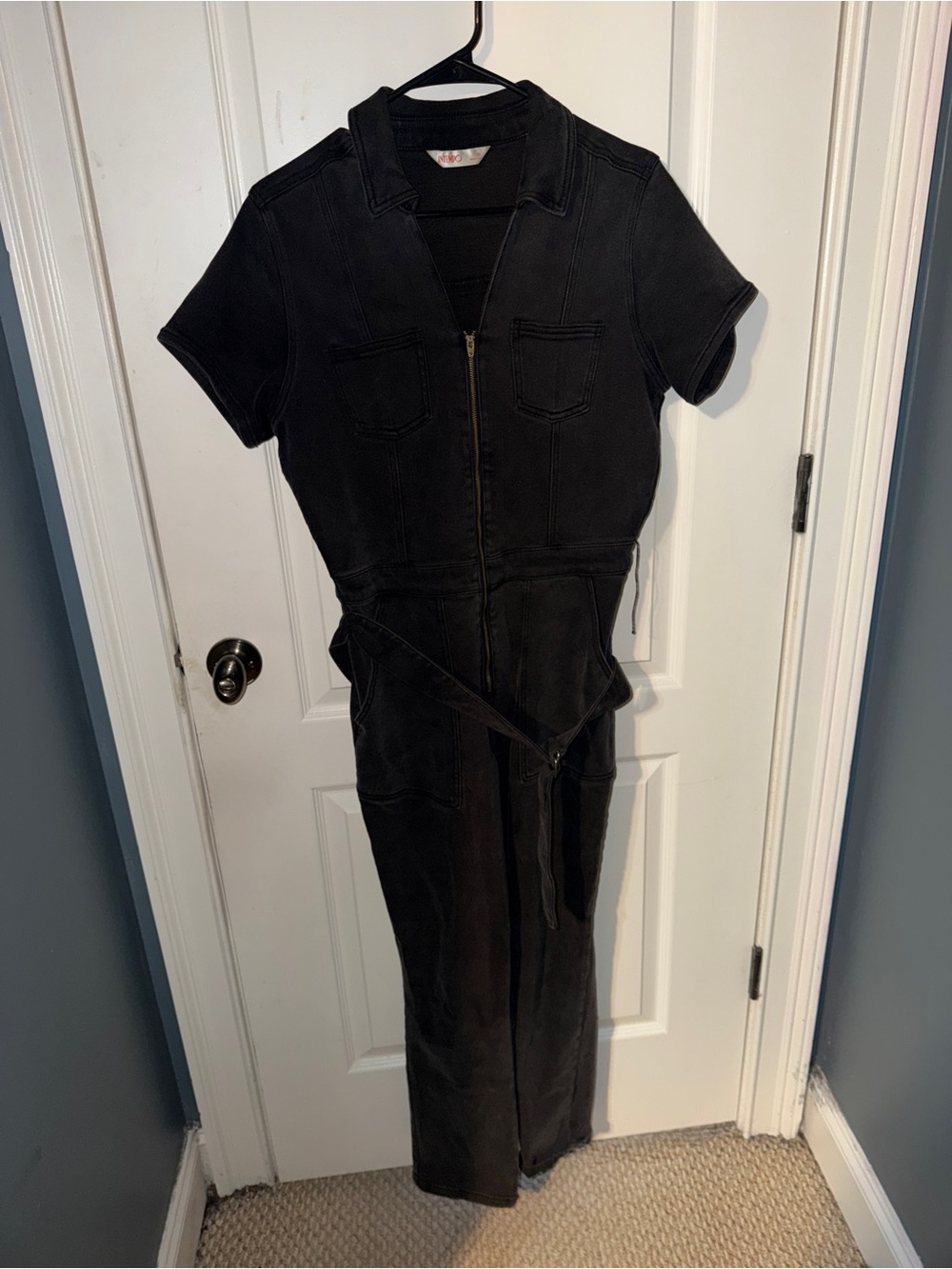 intimissimi washed black zip-front jean jumpsuit with gold zipper